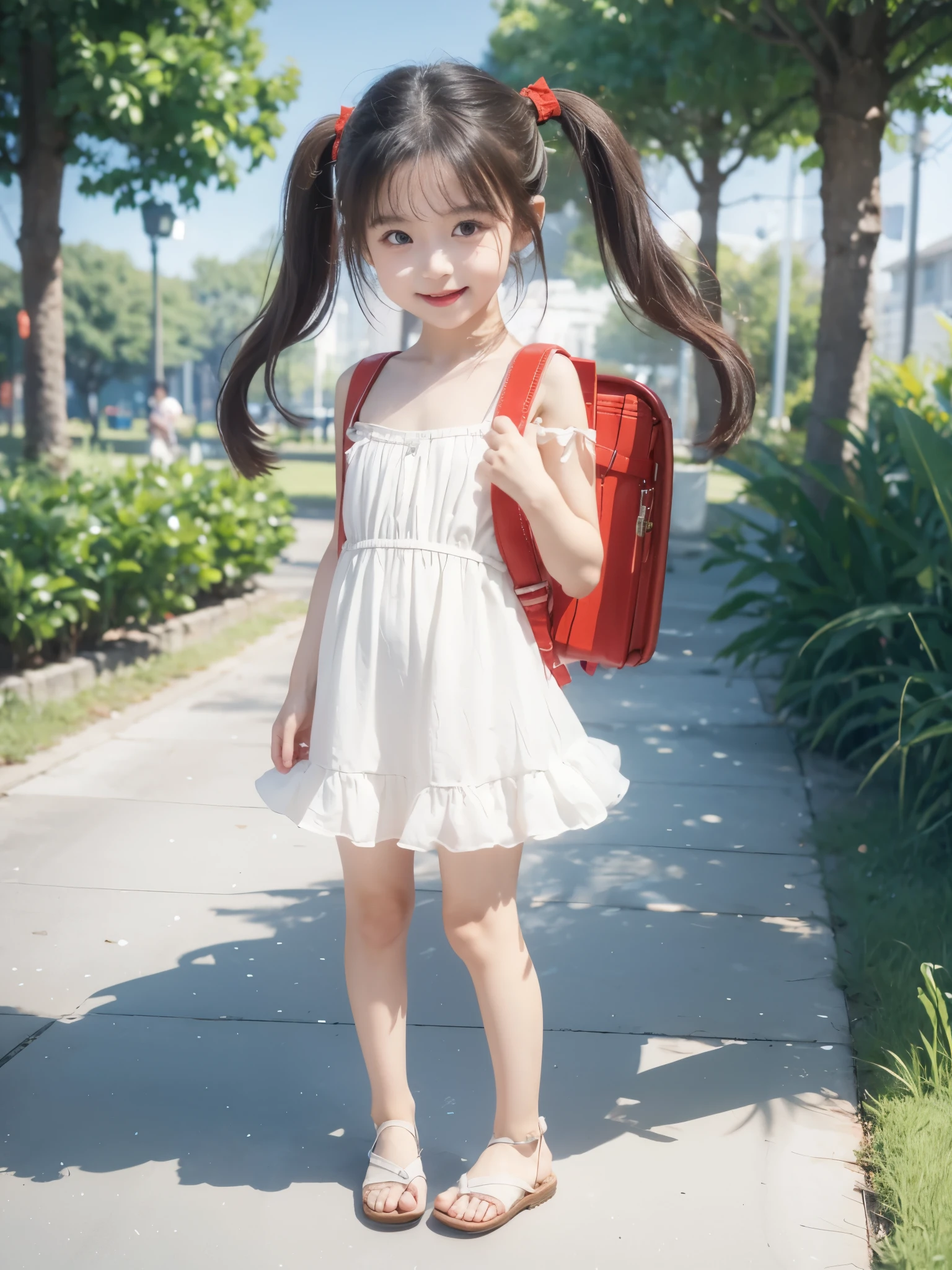 Realistic, hd, ((cute dress)) (bare shoulder dress) (slender body) (thin body), (brown hair) (yellow eyes) (pigtails) (white skin) happy and confident expression. full body,  ((Location: park)) long hair, (children playing), short girl, long straight hair, thin legs, flat chest, flat breasts. ( playing) (happy, smile, cheerful), wearing red backpack, school backpack, wearing randoseru backpack, wearing sandals, standing, outdoor, park