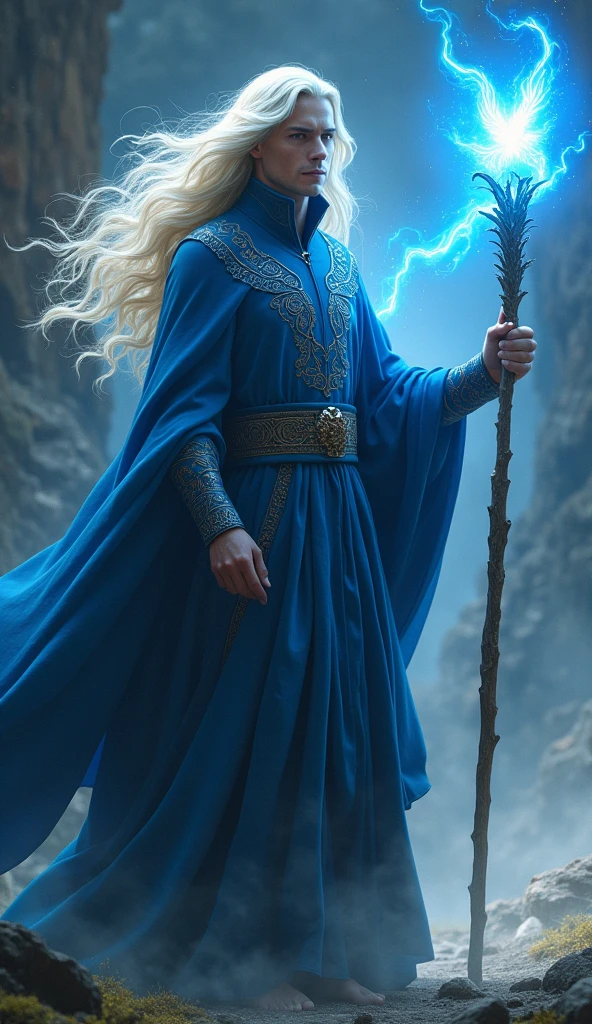 "A photo-realistic depiction of Mirage. Full-body Mirage stands confidently, his long platinum blonde hair flowing gracefully in the wind. He wears a detailed, smooth blue robe with ancient symbols intricately woven into the fabric. In his right hand, he holds a mystical, ancient staff, radiating with a bright blue aura. His intense focus and powerful presence are evident as the blue aura surrounds him, forming the shape of an ethereal bird. The background is filled with dynamic lighting and shadows, creating a mystical atmosphere that blends real-world elements with fantastical details, emphasizing his powerful and magical nature."
