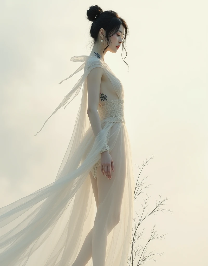 ((Sharp-eyed woman)), ((Works by Agnes Cecil : 1.7)), Black hair, Dancing, Foggy, (from the rear:1.4), Dutch Angle, afterimage、afterimage, (Dynamic movement:1.9), negative space, minimalism, (delicate illustration : 2.0), (Anatomically correct number and shape of fingers), masuter piece, awardwinning, Cinematic scene, Evil Research、Dark Spirits and Rituals、 Enchanted World、Vampire app access in dynamic poses、Old and lonely rococo clothes, , Challenging, Portrait of an Eastern European woman, an elegant woman, Traditional beauty, portrait shot, long braided hairstyle, Beautiful pictures, dynamic compositions、 The background is decadent, Gothic, Strength and brilliance、solitude、afterimage、light and shadows、Enchanted World、Beautiful fece、Vampire Princess、Surrounded by a large hall made of pottery and skeletons、Rays from Heaven、strong contrasts、Foggy space、Mystery and horror、Heralding the end of an evil night、Quantum light source