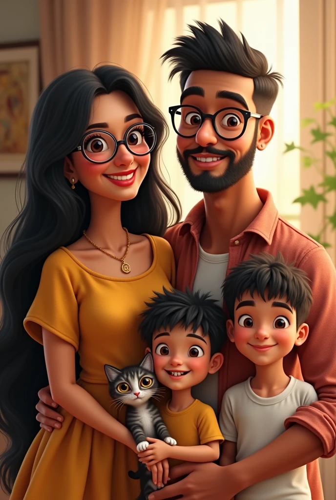 Generates an image of a family, Mother; 160 cm apart, White skin, very long black straight hair, big glasses, big nose, large eyes, thick build (not fat) but very curvy (Colombian type), big butt. The father; skinny, 170cm tall, White skin, Short but slightly long dark brown curly hair combed from left to right, skinny build and quite muscular at the same time, wear a mustache and beard without them coming together. They have two twin sons, a female baby of about 3 months, light brown hair, big nose, ojos grises y White skin (quite pink at times). The other is a son of the same age and a little darker. (just a little) He usually uses a pacifier and has straight black hair that stands up like a porcupine.. Also a tortoiseshell-colored kitten. I want this whole family to be very happy