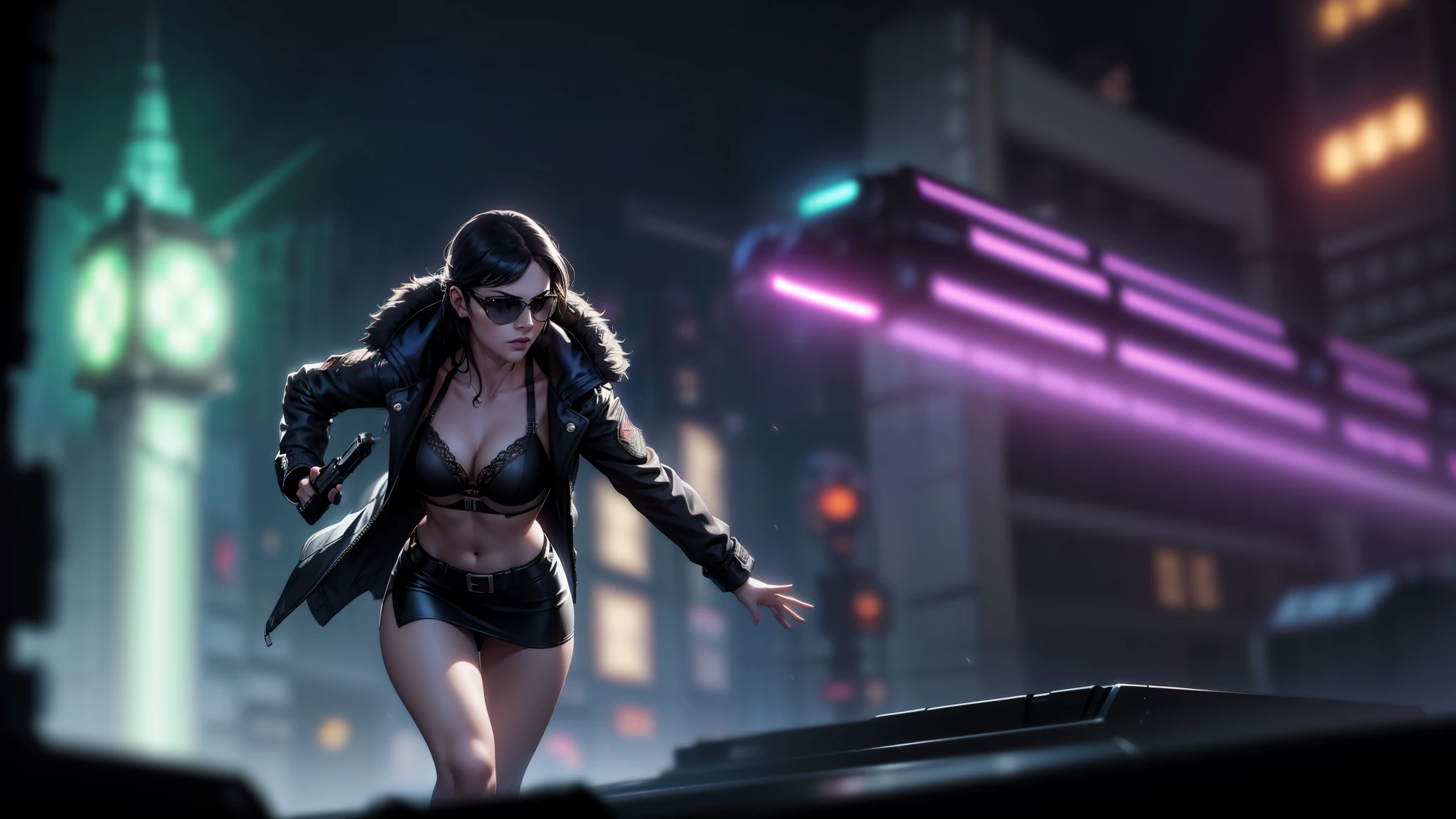 cyberpunk-style city with a nocturnal vibe with Blade Runner-like aesthetic references, glowing huge clock tower as time machine. At night, (1girl, solo, alone), photorealistic, medium-breast slim:0.6 body, oval:0.5 face, cleavage:1.1, sexy black laced bra, miniskirt, white laced panty, coat, (black micro sunglasses), (holding a short gun), (slightly leaning forward running pose), ((half-body thigh level medium shot)), cinematic lighting, ray tracing, motion blurred background.