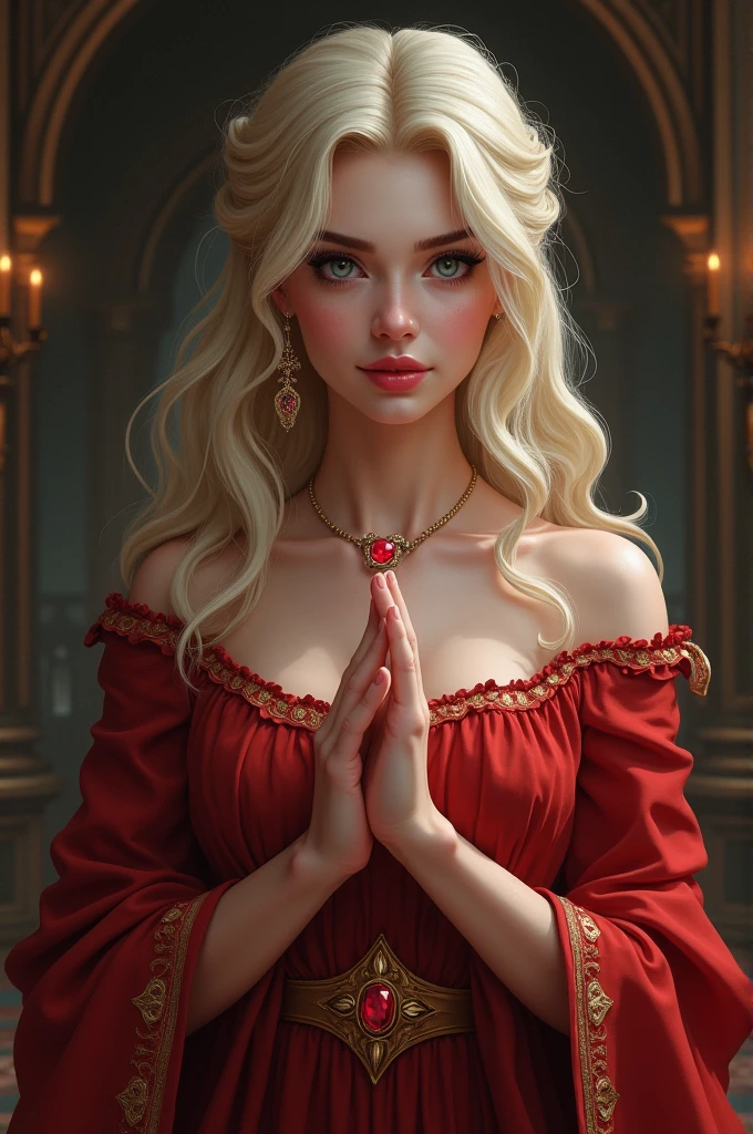 Viserra Targaryen played by the actress, >, showing off her engagement ring, a very thick and decorated gold ring, He also brings you a ruby, smiling with a cheeky little smile full of superiority "Fire & Blood"