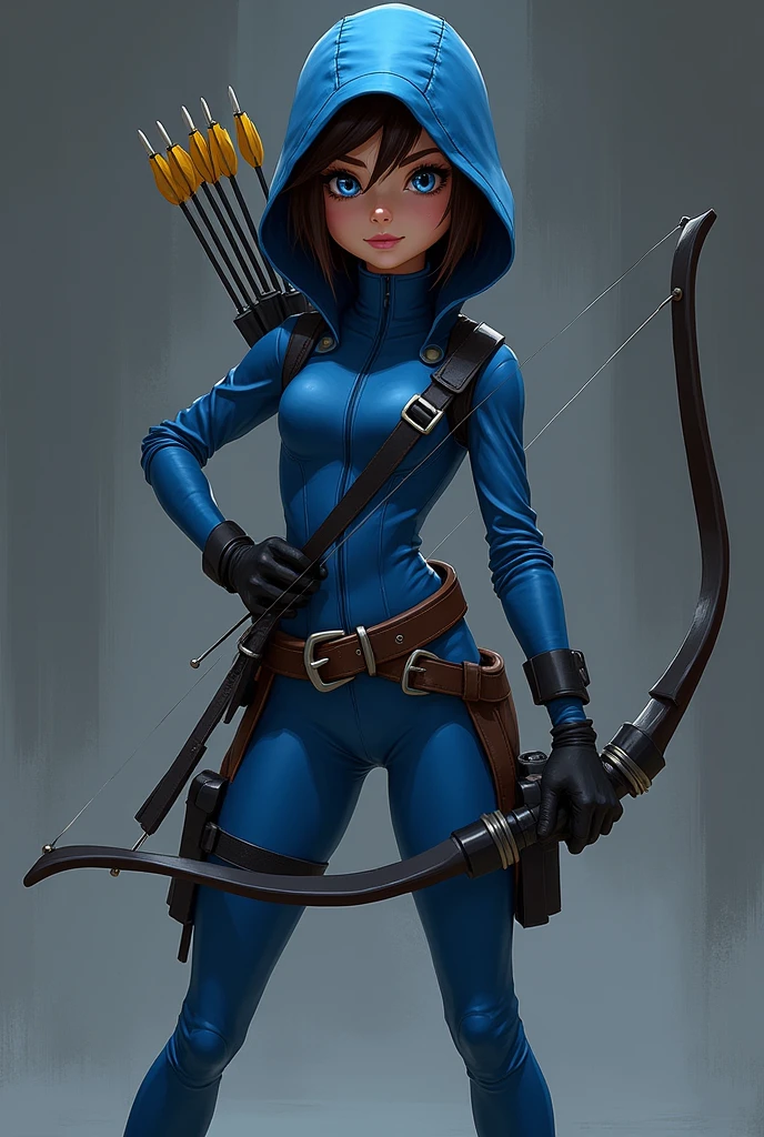 The spy girl, bow and arrows, blue suit, Hood, Leather belt, Blue eyes, animation drawing