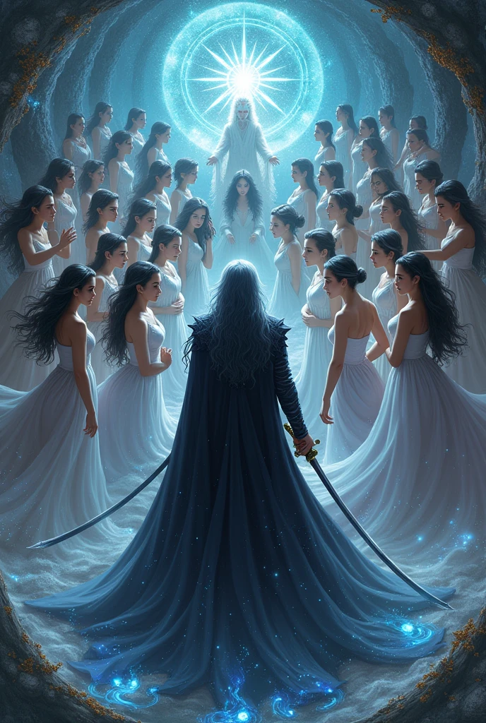 Vergil God of magic with the Yamato katana and with long black hair from devil may cry 5 with a beauty and harem of beautiful girlfriends