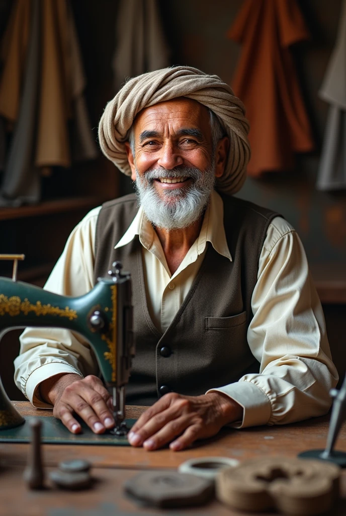 Old arabic  man tailor looking and smiling