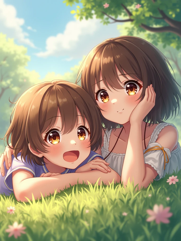 /A 2 girl, brown short hair, brown eyes, lying down, 1 girl, front face view, highest quality, in loops, pretty face, pretty eyes, pretty eyes, fantasy, vibrant colors, friendly weather, anime-realistic, looking up at the sky