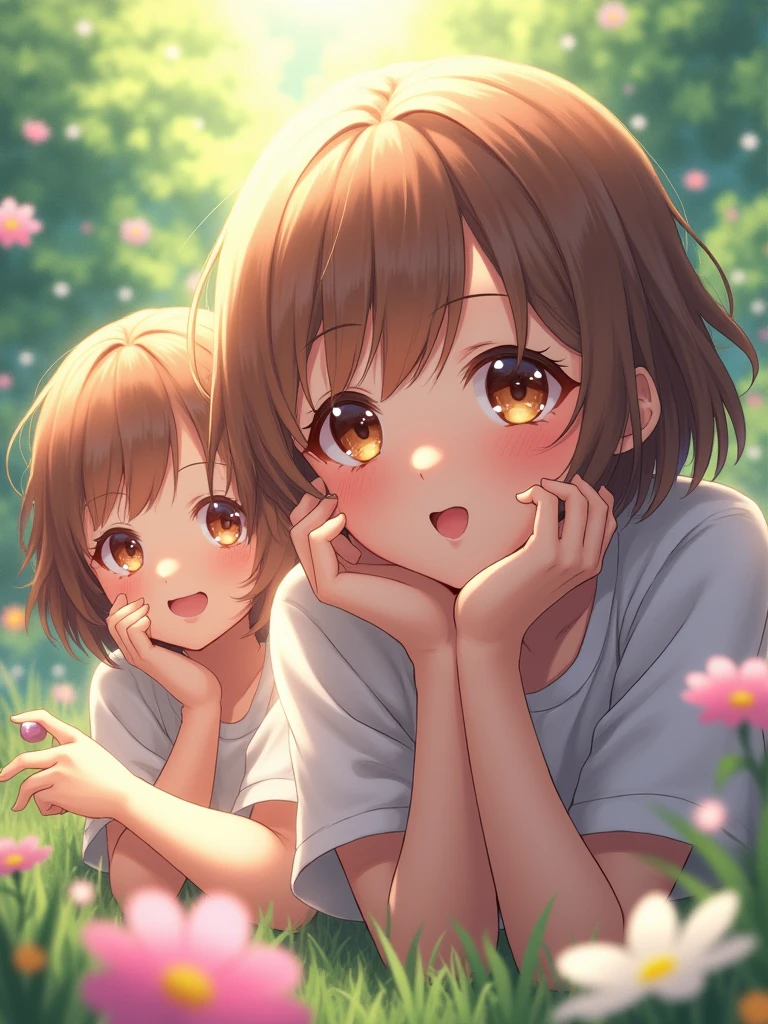 /A 2 girl, brown short hair, brown eyes, lying down, 1 girl, front face view, highest quality, in loops, pretty face, pretty eyes, pretty eyes, fantasy, vibrant colors, friendly weather, anime-realistic, looking up at the sky