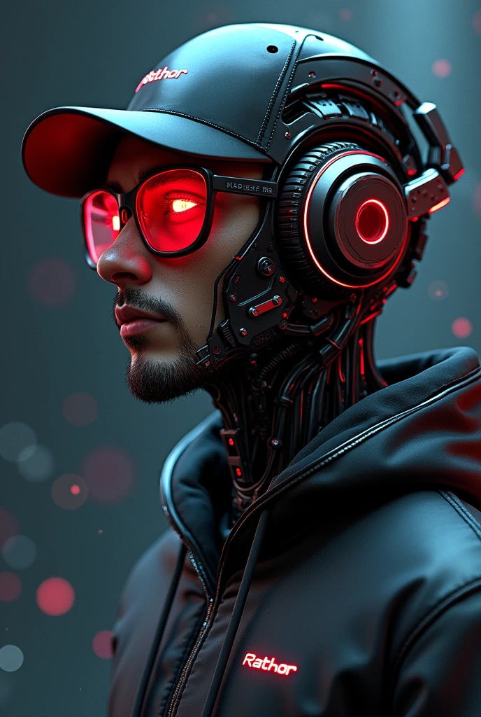 A highly detailed 19-year young boy cyborg, with a focus from the shoulders up, looking the camera. The cyborg should have a futuristic and sleek appearance, featuring polished metal, intricate mechanical details, and neon glowing cybernetic implants. Include cyberpunk technology elements, such as cyberpunk-style glasses and headphones. His eyes should be red glowing and enigmatic, with an expression suggesting contemplation or curiosity. The background should be a dark cosmic setting with a cinematic and professional style, incorporating deep space elements like stars and nebulae. The transition between the cyborg's technology and the cosmic background should be smooth and harmonious, creating a striking and immersive visual contrast, the boy wearing black cap, YOGESH RATHOR name on the jaket 