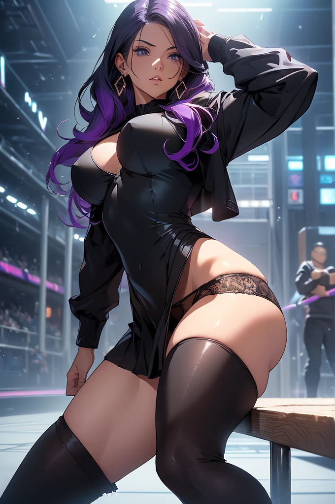 POV camera view from below: (((big ass, big , her butt is facing the viewer, Looking back at the audience))) The most beautiful and sexy purple haired school girl is your sexy classmate, Wearing glasses, Perfect bright yellow eyes, Lots of tattoos and piercings, Curvy, Slim Thick, Narrow waist, Perfect CG Unity 8K Wallpaper, RAW Photos, A perfect masterpiece, Realistic, Ultra-high resolution, Proportionate Body,