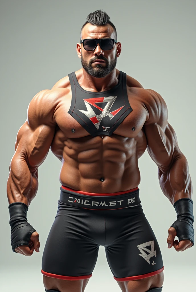 A wrestler, dressed in a singlet, sexy, flexing, wearing cool sunglasses, muscled body, photo realist, 8k.