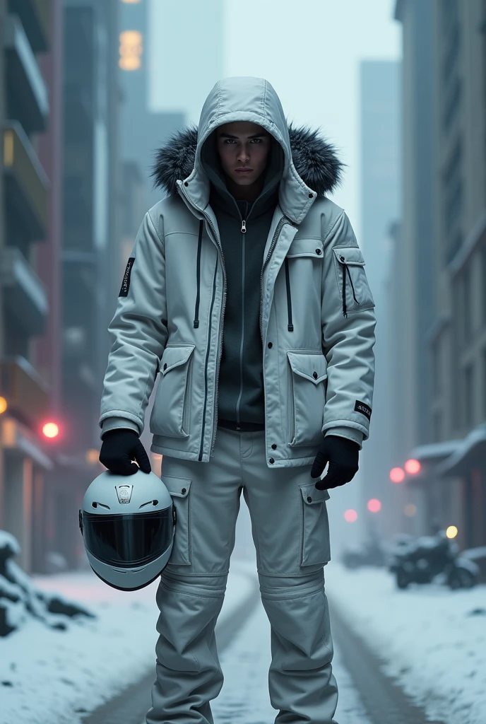 alone, male, standing, white winter jacket, hood up, white cargo pants, black fur around hood, white moter cycle helmet, city background, 18, fit, best quality