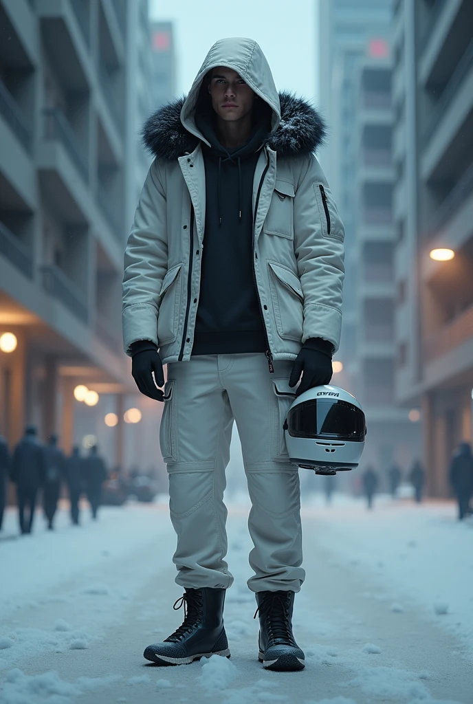 alone, male, standing, white winter jacket, hood up, white cargo pants, black fur around hood, white moter cycle helmet, city background, 18, fit, best quality