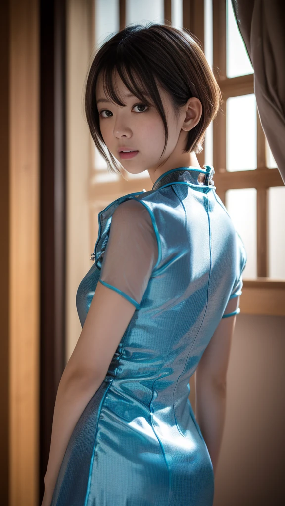 masterpiece、highest quality))、shape、Super detailed、8K、realistic、sharp focus、very detailed、colorful details、fine texture、perfect style、erotic body、Full body Esbian、bow、Shading details、(A peerless beautiful girl:1.4)、(Wearing a beautiful blue-based cheongsam with an attractive sheer slit pattern:1.45)、(open your legs and dance wildly:1.3)、(On stage with a luxurious set:1.25)、in front of a packed audience、look at the audience、18-year-old、intricate details、Shitsumeka、a woman is in front of the camera、belly button、middle、smile、professional lighting、Spotlight、The transparent Chinese dress must allow the breasts to be seen.,Always the ultimate thin and transparent cheongsam,erotic body lines,nipple,can see through,Beautiful vagina can be seen through