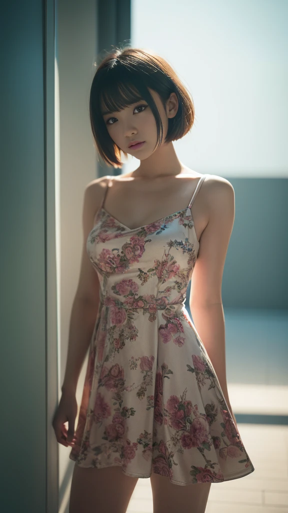 1 person, (((short hair))), Bright Chinese dress, Mini Dress、(masterpiece, Highest quality, The Law of Perspective), Beautiful expression, 8k, RAW Photos, Hmph, Realistic, Film Grain, chromatic aberration, High resolution, Very detailed, finely, Dynamic Lighting, Dramatic lighting、Shadowy、Very detailed目と顔、