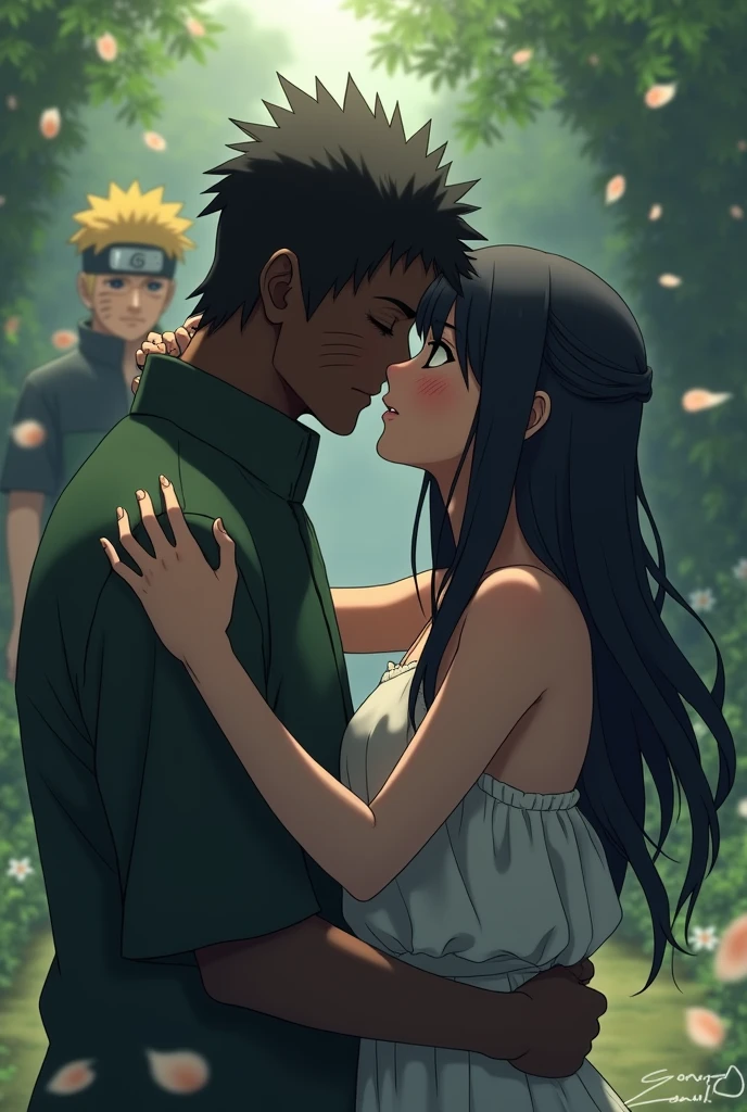 Hinata and the black man kiss, with the background of Naruto being sad