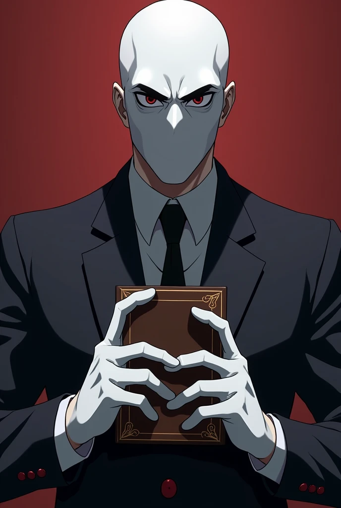Man with a villainous appearance, not Smoke's negro, with a white full face mask, you can't see his eyes, white gloves and a book, Posing, anime style