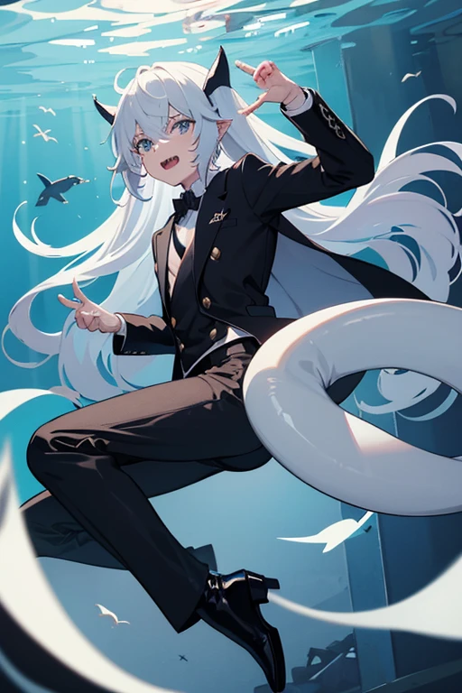 boy. shark, there is a shark's tail, fins and fish ears, scales and sharp teeth. He is wearing a black jacket with white long sleeves, long black trousers and black boots. long hair.