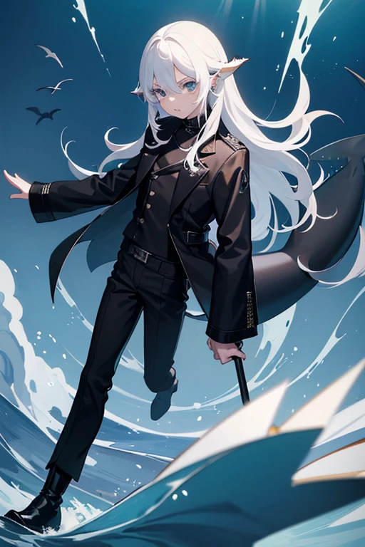 boy. shark, there is a shark's tail, fins and fish ears, scales and sharp teeth. He is wearing a black jacket with white long sleeves, long black trousers and black boots. long hair.