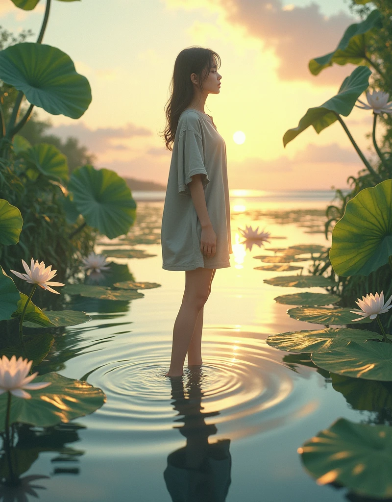 A young woman stands in shallow water surrounded by large green lily pads and blooming water lilies. She wears an oversized grey shirt and shorts, and her feet create ripples in the water. The scene is illuminated by a warm sunset, casting a golden glow over the tranquil landscape. The horizon features a serene ocean and a partly cloudy sky.