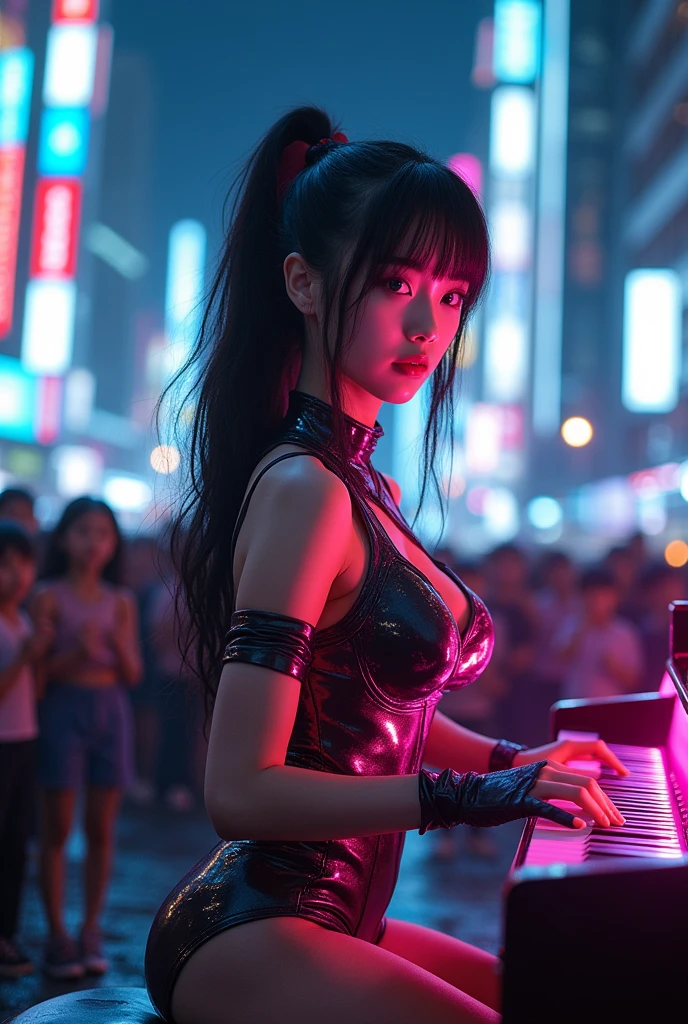 ultra-realistic, photorealistic, dramatic scene, (20 years old Japanese famous idol girl:1.5), Playing the piano as a street musician, futuristic grand piano, at cyber punk night city, dynamic angle, acrobatic pose, masterpiece, (close up of her beautiful face:1.6), beautiful eyes, (wearing a cyber punk bodysuits with neon markers:1.3), very large breasts, beautiful face, a large number of cute children for audience