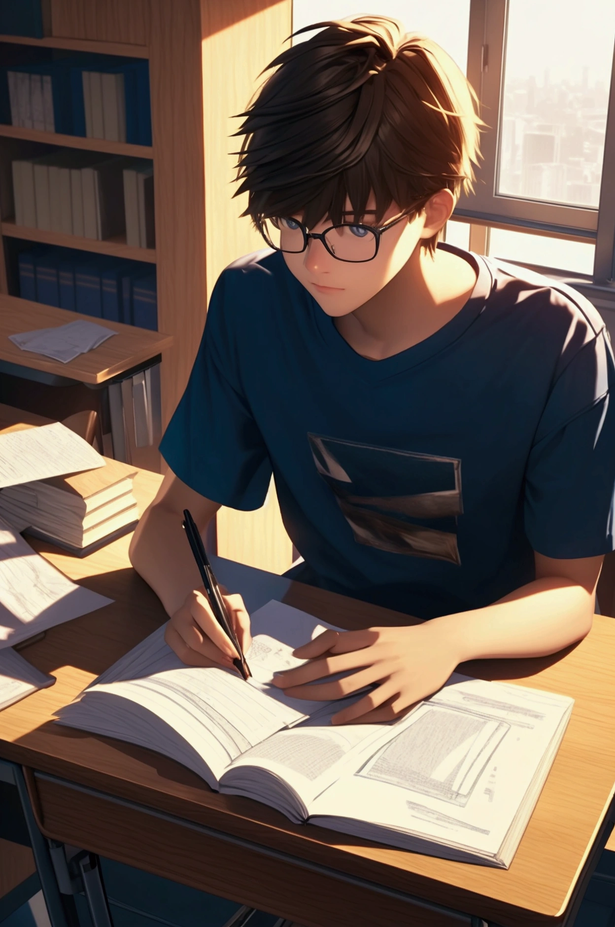 A high school boy in glasses sitting at a desk doing homework, wearing a T-shirt. There are a pile of books and test papers on the desk, and a desk lamp. There is a night view outside the window, bookshelves, close-up, high resolution. Illustration, 3D rendering, overclocked rendering, super detailed