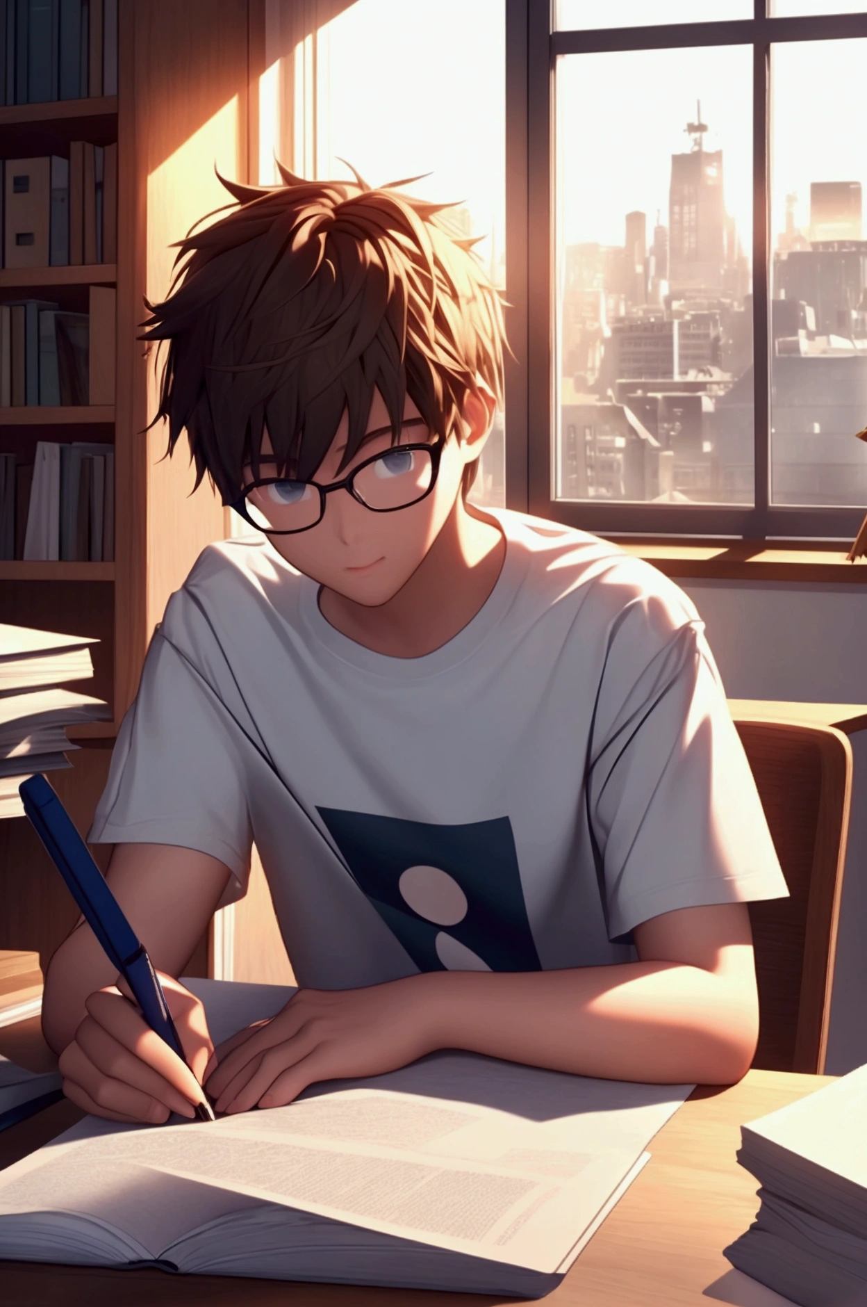 A high school boy in glasses sitting at a desk doing homework, wearing a T-shirt. There are a pile of books and test papers on the desk, and a desk lamp. There is a night view outside the window, bookshelves, close-up, high resolution. Illustration, 3D rendering, overclocked rendering, super detailed