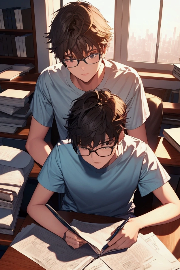 A high school boy in glasses sitting at a desk doing homework, wearing a T-shirt. There are a pile of books and test papers on the desk, and a desk lamp. There is a night view outside the window, bookshelves, close-up, high resolution. Illustration, 3D rendering, overclocked rendering, super detailed