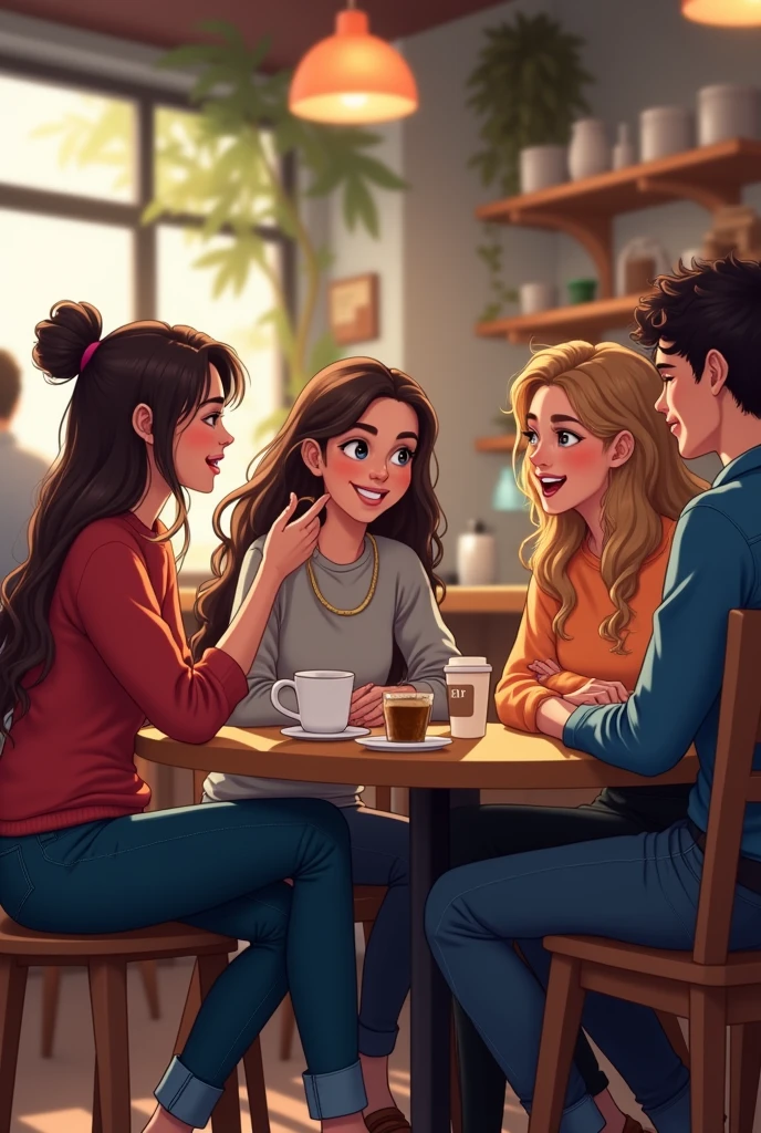three girls on the left side and one guy on the right side talking in the small coffee shop