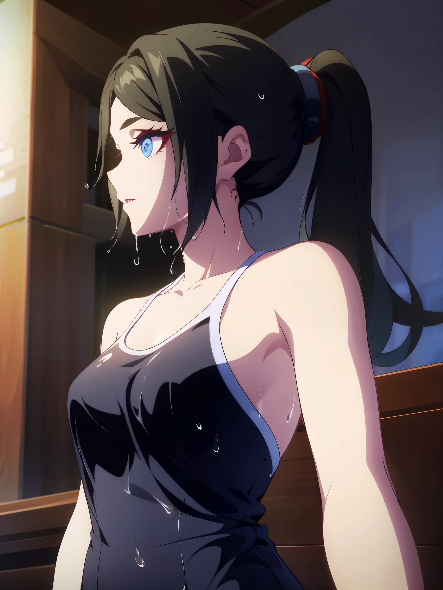 deep skin,textured skin, long hair, black hair, blue eyes, ponytail, highres:1.0), haruhiko_ichijou, makeup, purple lipstick, purple eyeshadow,
BREAK (gray dress,wet swimsuit, :1.2),
BREAK Standing,
BREAK (masterpiece:1.2), best quality, high resolution, unity 8k wallpaper, (illustration:0.8), (beautiful detailed eyes:1.6), extremely detailed face, perfect lighting, extremely detailed CG, (perfect hands, perfect anatomy),