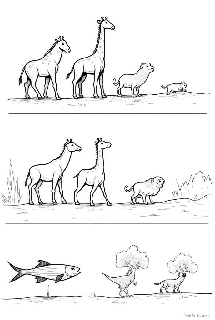 Make a comic comic strip, drawing only with no color about Lamarck's concepts of Evolution and inheritance