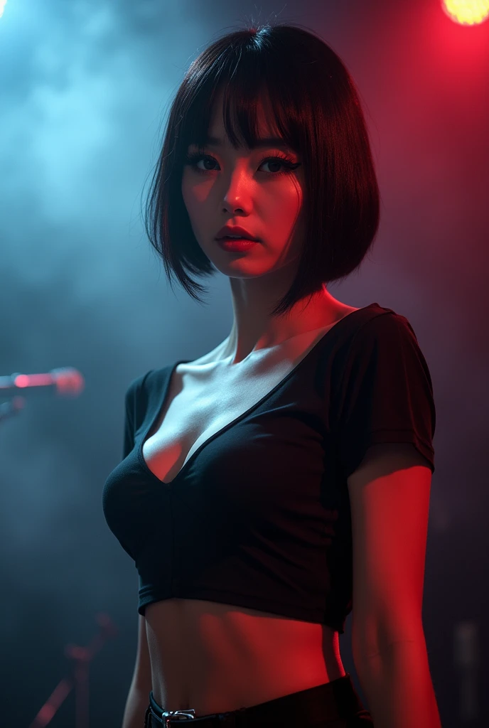 ペニスが押し込めるほどLarge Breastsの谷間、Live footage、18-year-old female。Asian woman with short bob、Straight hair、band、skirt、Beautiful Face、punk、Large Breasts、Satomi Ishihara、black t-shirts、Live house stage lighting、cigarette、haze、Alice Hirose、Solo artist、skirtめくり、