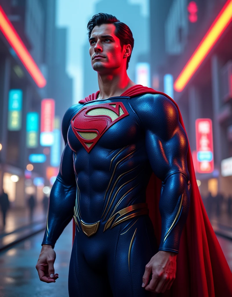 super man glossy blue suit in with glowing red lighting cyberpunk futuristic costume cenematic background