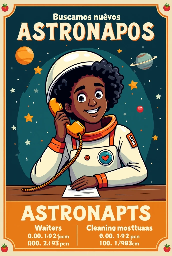 Can you generate a poster in Spanish for me to hire employees from a restaurant called "Moon"?
I need you to say the message of, "We are looking for new astronauts"
And below it says that waiters are wanted, cleaning assistants.
Call 9511349374 And an astronaut who is a black male person with curlers and a tramp hat, answering Mexican type