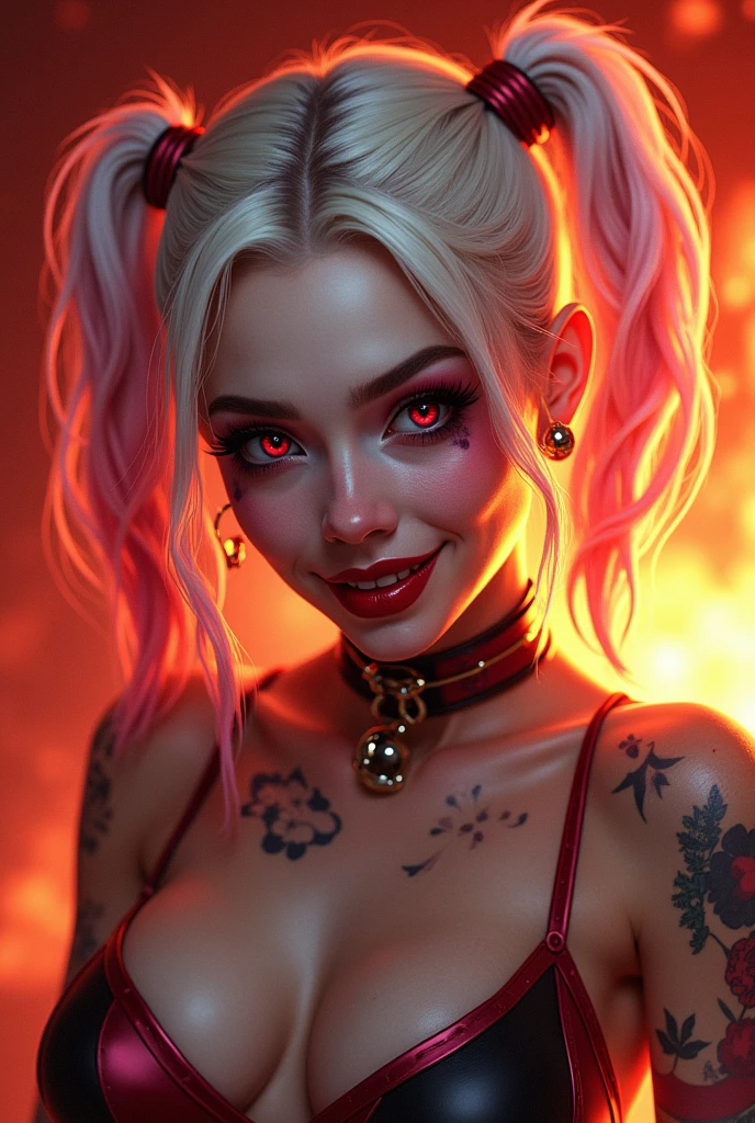 harley quinn, 1girl, beautiful detailed eyes, beautiful detailed lips, extremely detailed facial features, long eyelashes, pink and white hair, tattoos, grinning, smudged makeup, red eyes, red background, fire behind, (best quality, 4k, 8k, highres, masterpiece:1.2), ultra-detailed, (realistic, photorealistic, photo-realistic:1.37), fantasy, comic book style