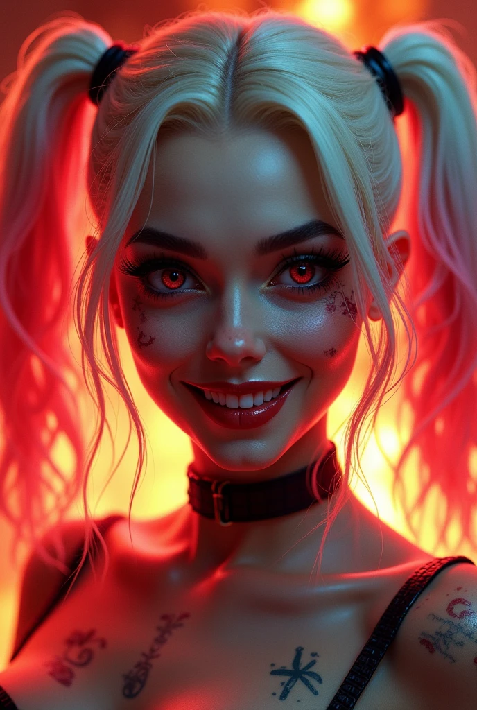 harley quinn, 1girl, beautiful detailed eyes, beautiful detailed lips, extremely detailed facial features, long eyelashes, pink and white hair, tattoos, grinning, smudged makeup, red eyes, red background, fire behind, (best quality, 4k, 8k, highres, masterpiece:1.2), ultra-detailed, (realistic, photorealistic, photo-realistic:1.37), fantasy, comic book style