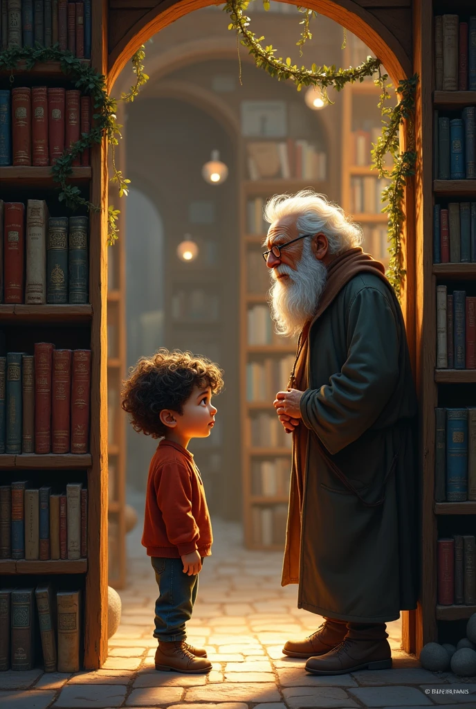 Boy enters the bookstore, where he meets an wise-looking shopkeeper
