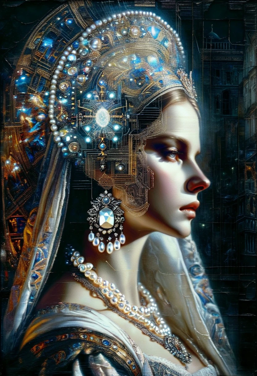 4D double exposure: Portrait of ((Slavic goddess with double exposure of futuristic city streets in her head)), In the background the city in Renaissance costume, Oil painting, 3/4 Profile view, beautiful pearl necklace, luxurious fabrics, detailed embroidery, Atmospheric light-dark lighting, High resolution