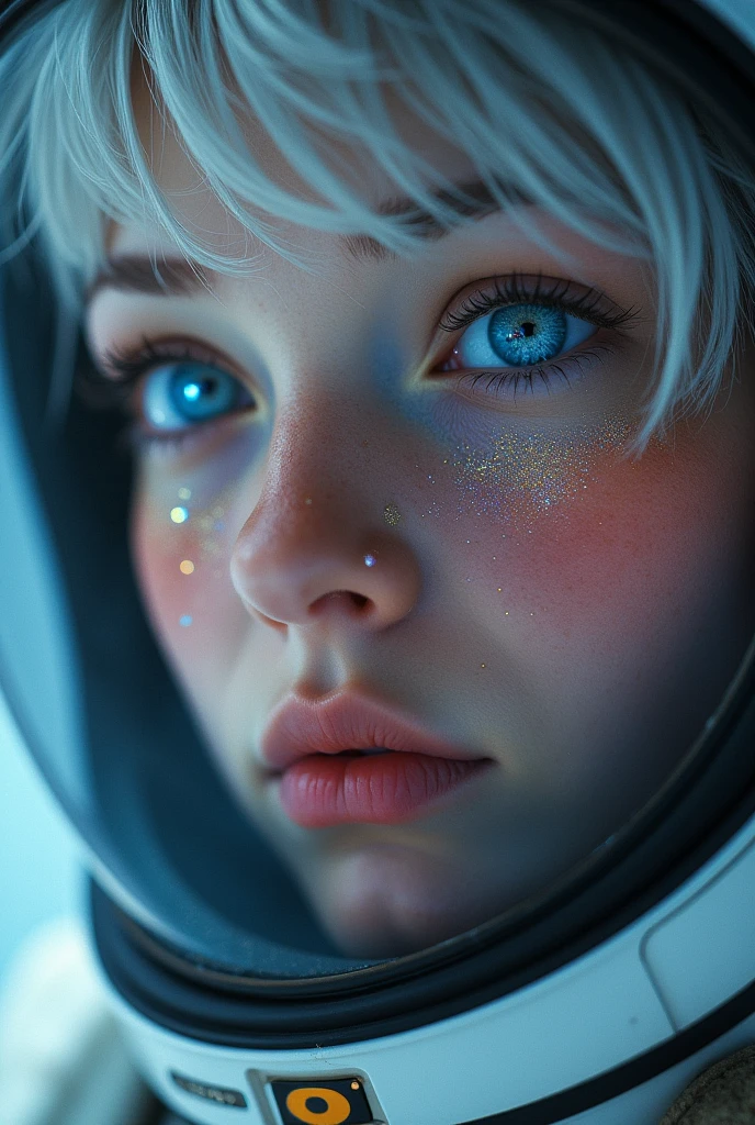(Close-up of a better masterpiece:1.5)0.9], (Space and astronauts:1.2) (Messy silver hair:1.1) (Heterochromia xanthochromia and blue eyes:1.2) (Space Helmet:1.0) (Colored stars in the eyes:1.0) (A radiant glow:1.1) (thick lips:0.9)