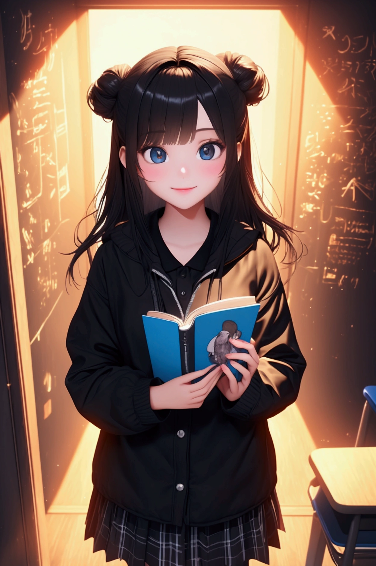 The background is a full-body 3d art work of a lovely junior high school girl standing in front of the blackboard in the classroom, wearing fashionable casual clothes, holding a book in her hand, with a warm smile on her face, big eyes and long black hair, vivid color scheme, strong contrast between cold and warm colors, bright light, background focal length of 35mm f1.8,C4D, blender, etc. OC renderer, high detail 8k
