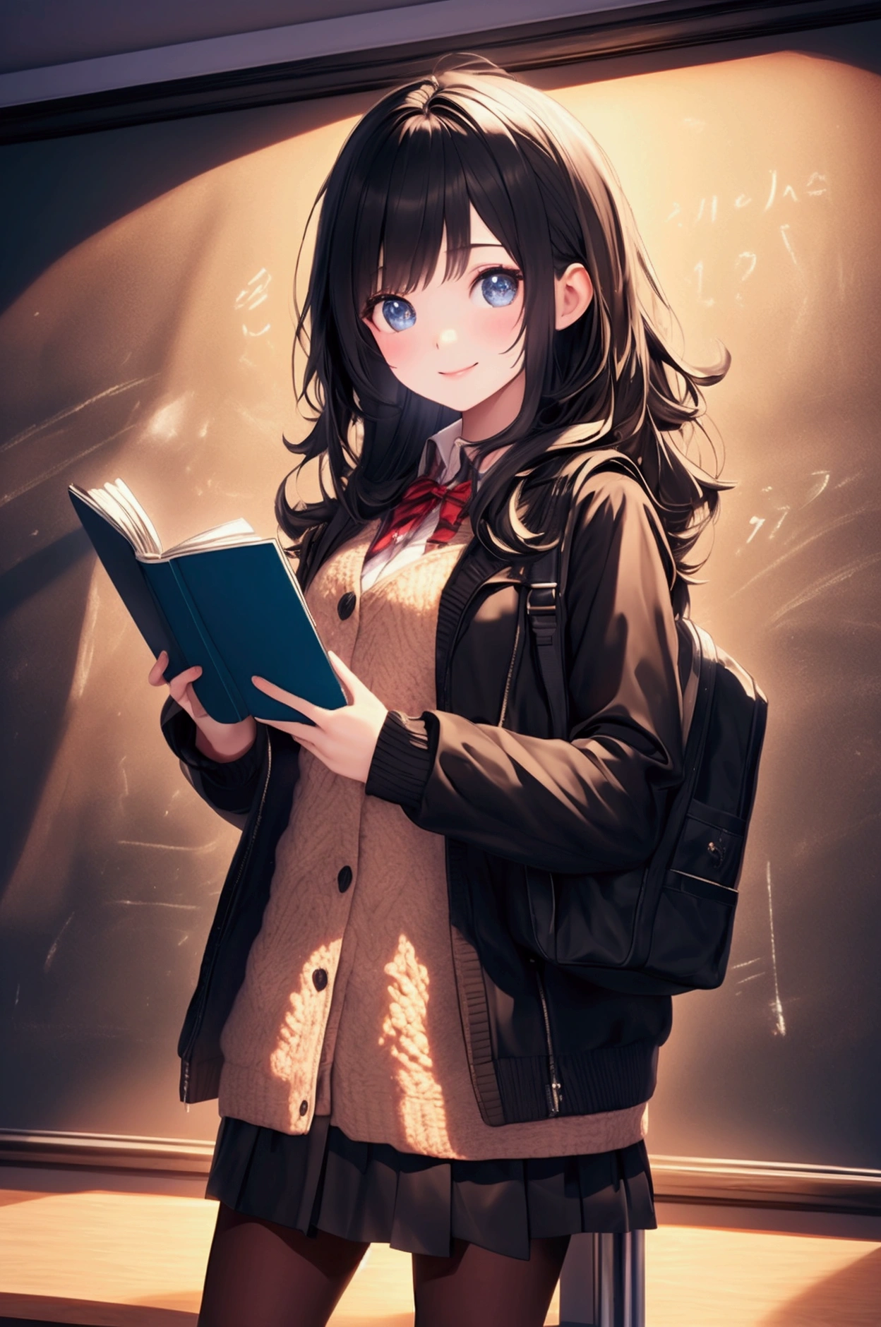 The background is a full-body 3d art work of a lovely  high school girl standing in front of the blackboard in the classroom, wearing fashionable casual clothes, holding a book in her hand, with a warm smile on her face, big eyes and long black hair, vivid color scheme, strong contrast between cold and warm colors, bright light, background focal length of 35mm f1.8,C4D, blender, etc. OC renderer, high detail 8k