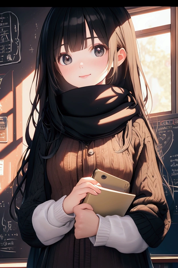 The background is a full-body 3d art work of a lovely  high school girl standing in front of the blackboard in the classroom, wearing fashionable casual clothes, holding a book in her hand, with a warm smile on her face, big eyes and long black hair, vivid color scheme, strong contrast between cold and warm colors, bright light, background focal length of 35mm f1.8,C4D, blender, etc. OC renderer, high detail 8k