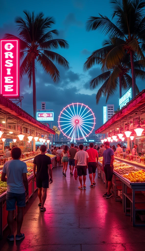 Miami Bayside market , neon lights, miami vice vibes, , Ferris wheel at far away