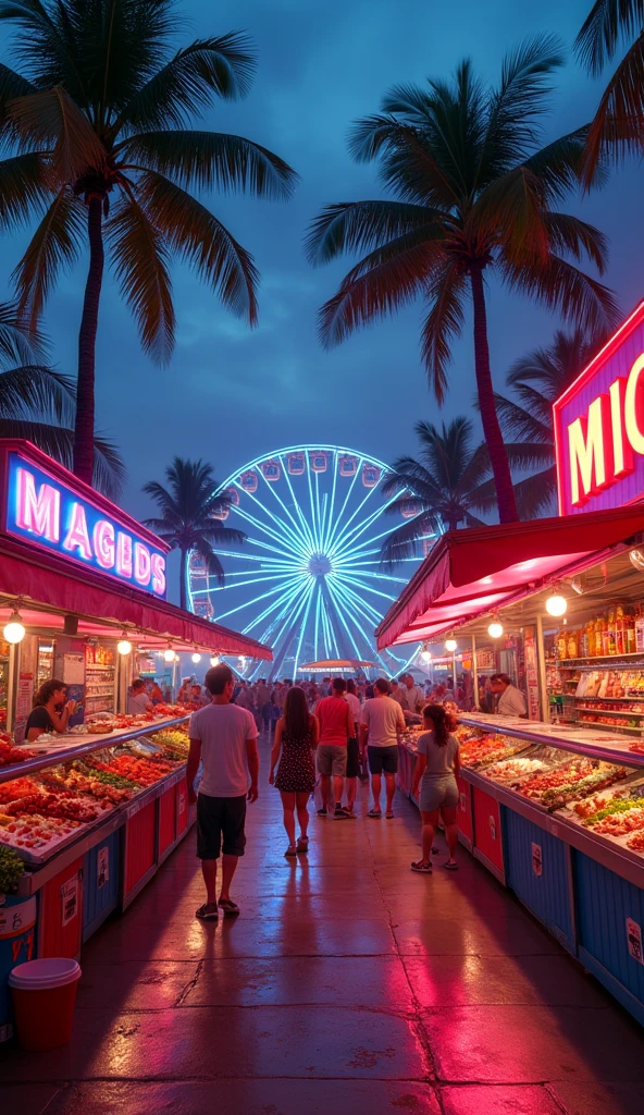 Miami Bayside market , neon lights, miami vice vibes, , Ferris wheel at far away