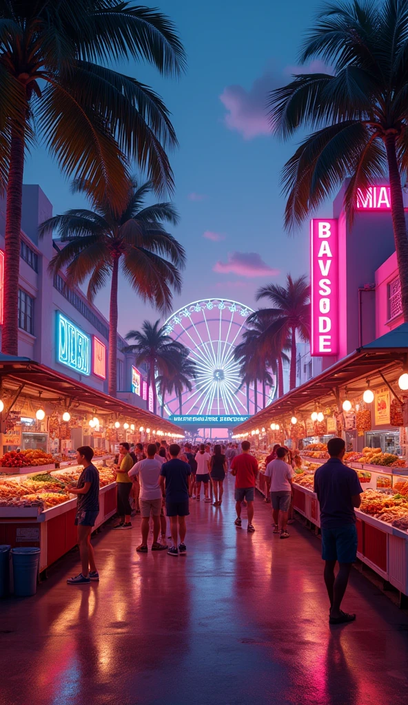 Miami Bayside market , neon lights, miami vice vibes, , Ferris wheel at far away