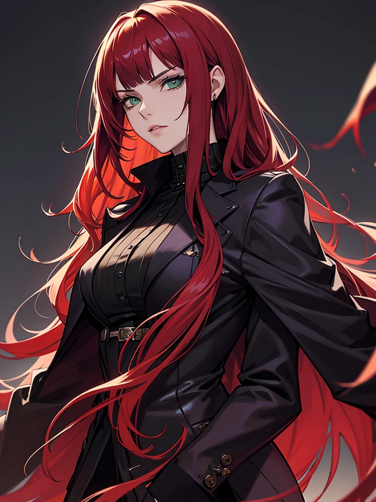 green eyes, red hair with long bangs, noble, mafia. sadistic women, wavy long hair. wear black purple jacket. strong woman. background in mansion