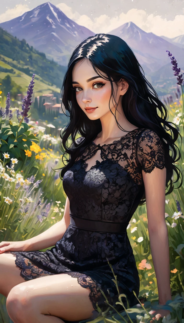 1 sexy girl, long black hair, lavender, short black dress, lace dress, smile, flower garden, full body, sitting, mountains in the distance, light particles, (depth of field, cinematic angle, cinematic lighting: 1.2), blurred background, blurred foreground, (masterpiece: 1.2), (best quality: 1.2), (highly aesthetic: 1.2), (absurd: 1.2), (detailed background), newest, intricate details,(best quality, 4k, 8k, high resolution, masterpiece: 1.2), ultra-detailed, (realistic, photorealistic, photorealistic: 1.37), details intricate, vivid colors, sharp focus, professional, Dave McKean artwork, surrealism oil touch, oil painting style, portrait, woman, beautiful detailed eyes, beautiful detailed lips, dreamy atmosphere, shadow play, lighting soft, fun pose, dark tones, ethereal background, fantasy elements, texture, layered composition. art inspired by Bill Sienkiewicz and Dave McKean
