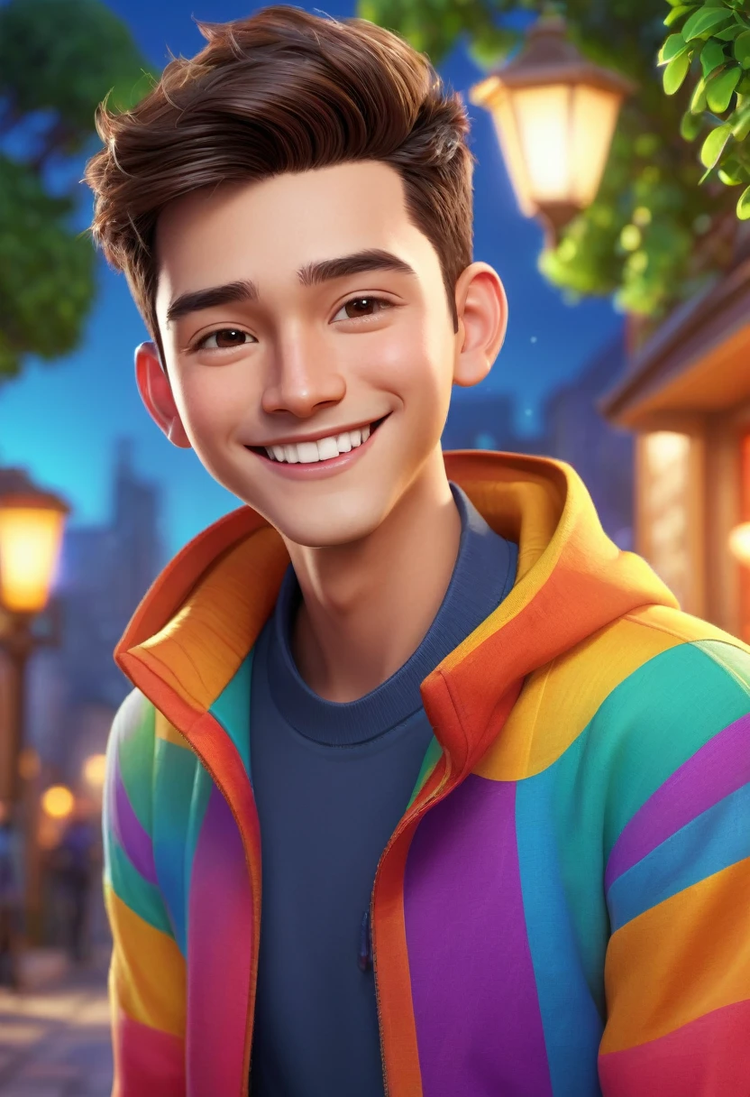 a smiling handsome young man, cartoon avatar, pixar style, happy friends, vivid colors, high quality, 8k, best quality, masterpiece, ultra-detailed, photorealistic, professional, cinematic lighting, warm lighting, soft lighting, detailed facial features, intricate character design, dynamic pose, cheerful expression, expressive eyes, detailed clothing, colorful background, vibrant environment, whimsical atmosphere