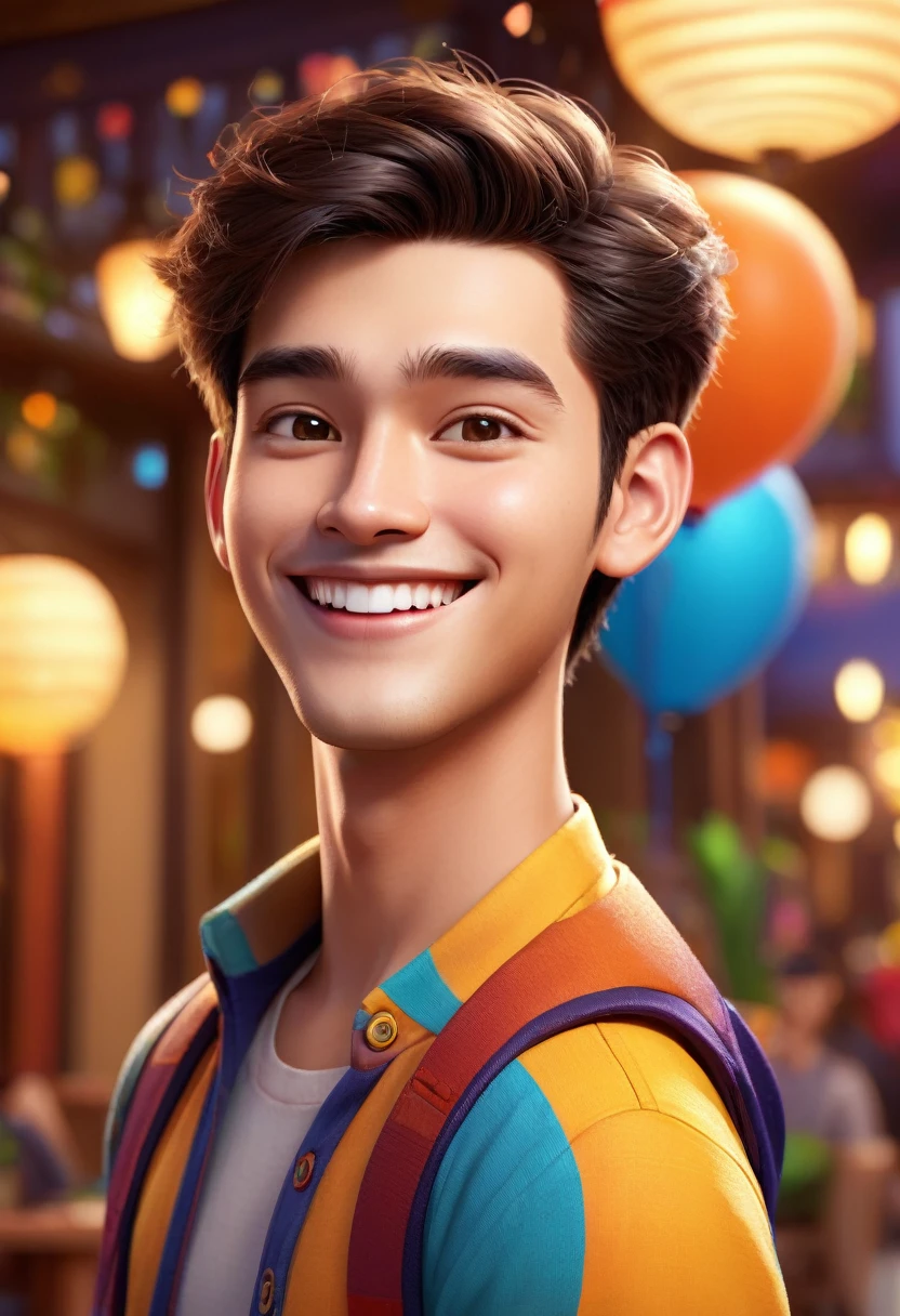 a smiling handsome young man, cartoon avatar, pixar style, happy friends, vivid colors, high quality, 8k, best quality, masterpiece, ultra-detailed, photorealistic, professional, cinematic lighting, warm lighting, soft lighting, detailed facial features, intricate character design, dynamic pose, cheerful expression, expressive eyes, detailed clothing, colorful background, vibrant environment, whimsical atmosphere