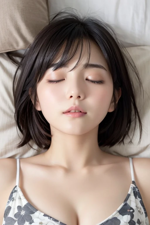 Japanese beautiful girl、Semi-short hair、Black Hair、Clear eyes、Half-open lips、Half-open mouth、White and grey floral tank top、Cleavage、Innocent expression、Looking up、bedroom、Shoulder Bare、Plump lips、Sleeping Beautiful Girl、Dreaming