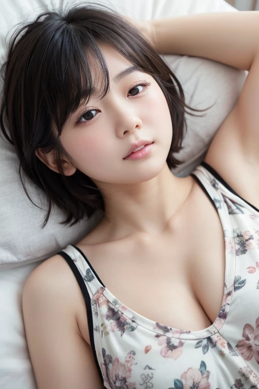 Japanese beautiful girl、Semi-short hair、Black Hair、Clear eyes、Half-open lips、Half-open mouth、White and grey floral tank top、Cleavage、Innocent expression、Looking up、bedroom、Shoulder Bare、Plump lips、Sleeping Beautiful Girl、Dreaming